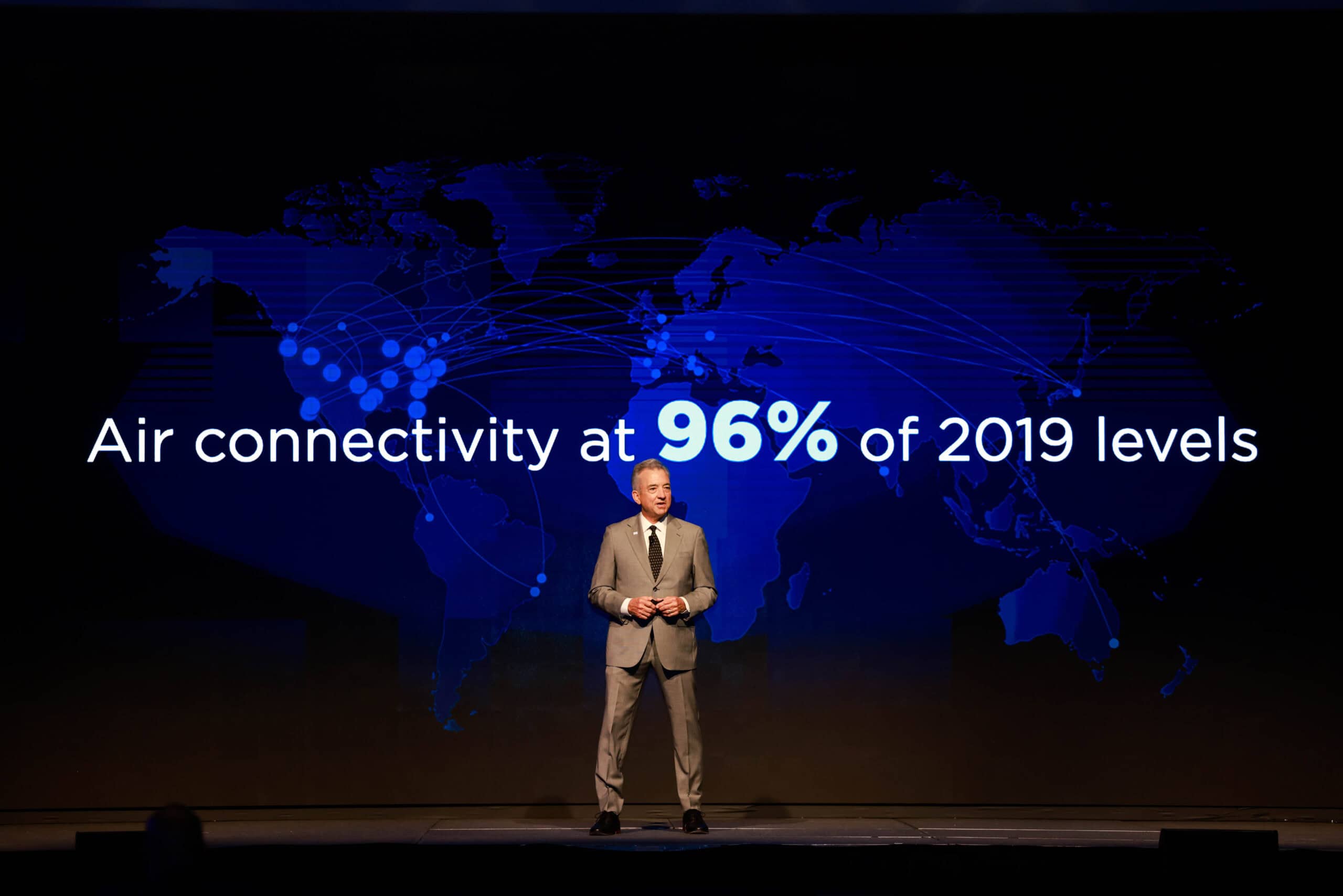 Global map showing air connectivity at 96% of 2019 levels.