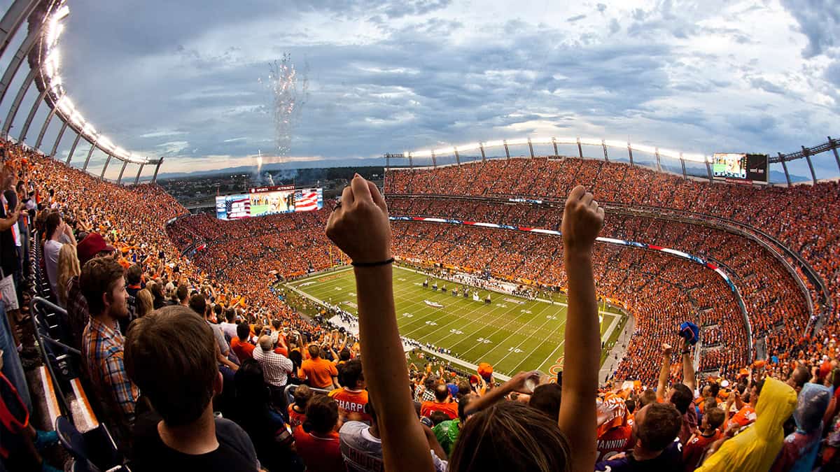 Crowd cheering at a football game in a large stadium.