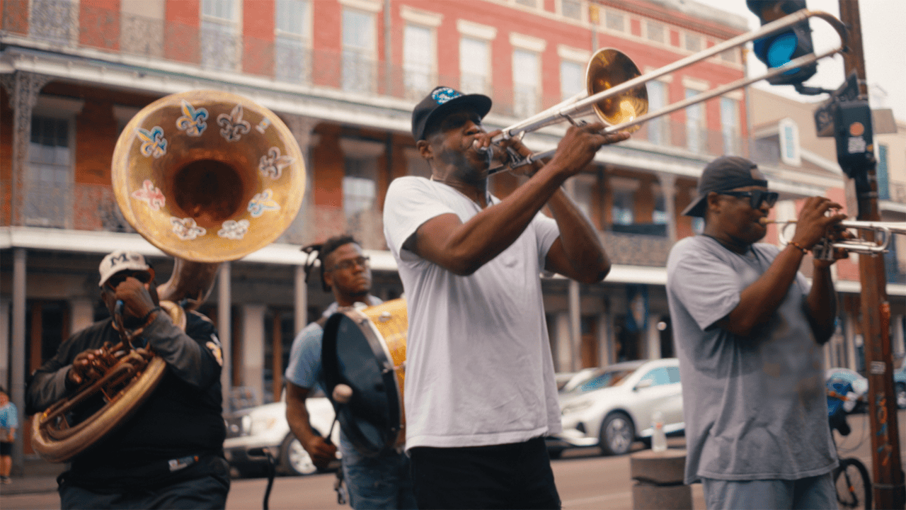 Jazz band playing music on a city street in the USA.