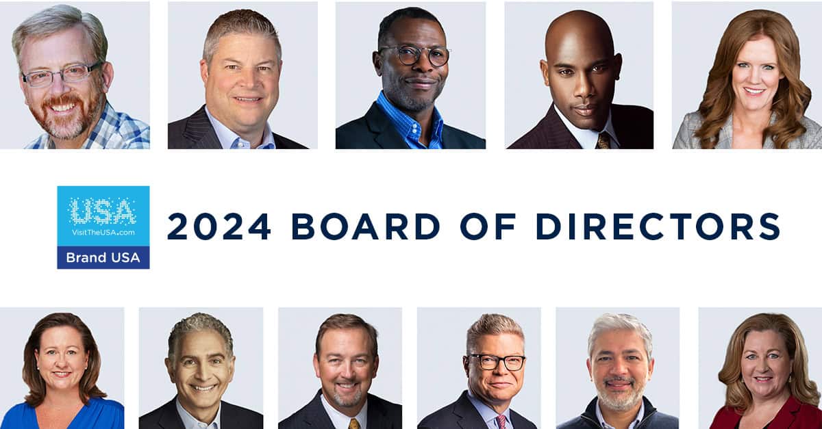 Group photo of Brand USA's 2024 Board of Directors for tourism leadership.