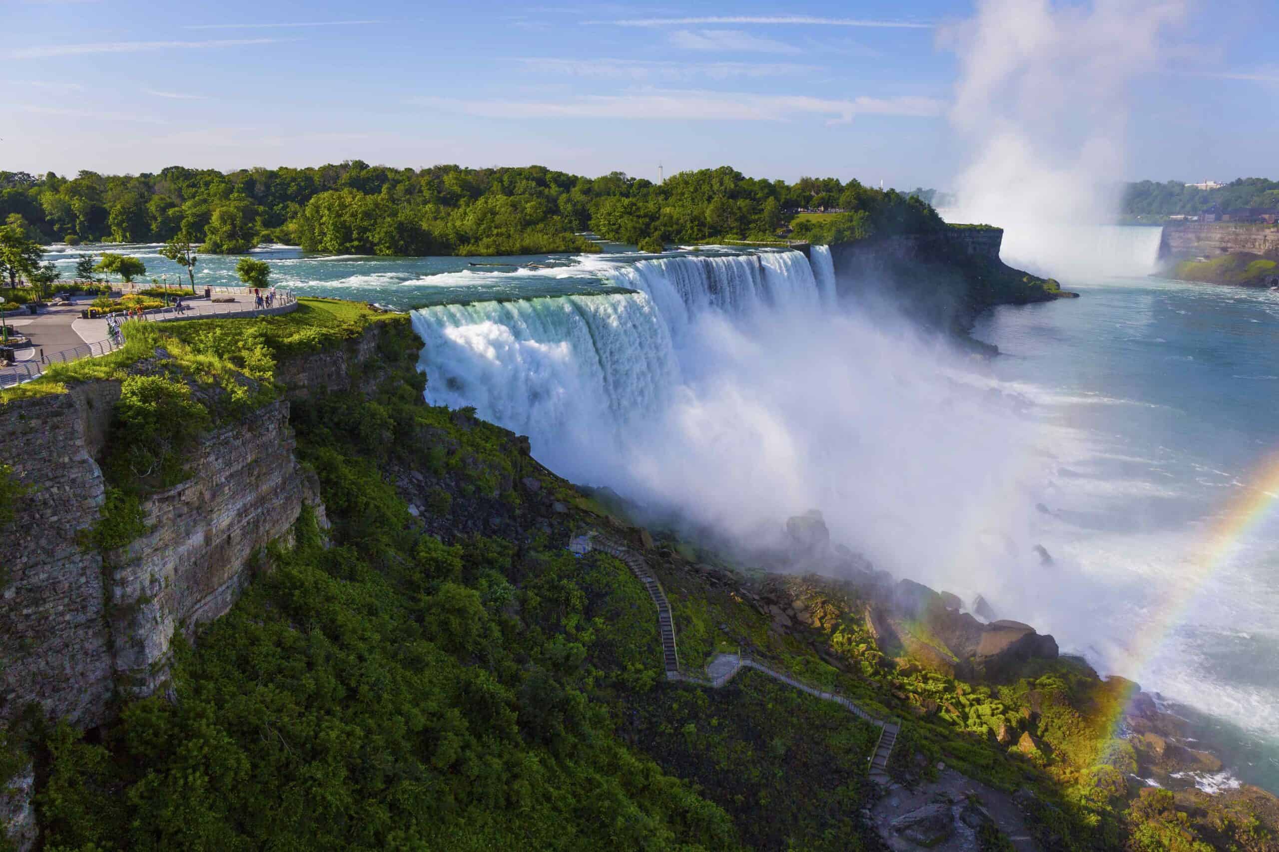 Spectacular view of Niagara Falls with rainbow during solar eclipse 2024.
