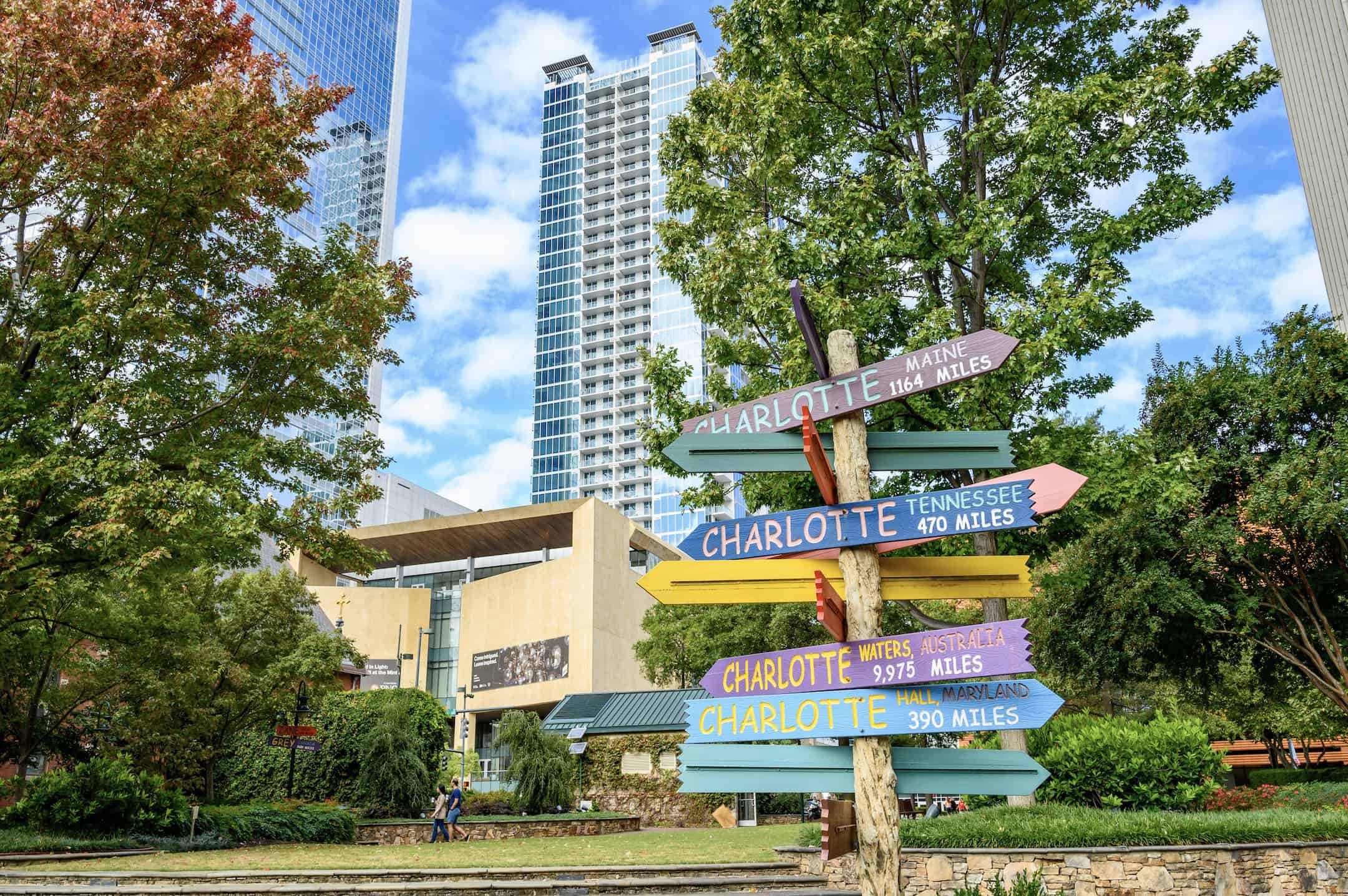 Colorful directional signpost in Charlotte, North Carolina with skyscrapers in background.