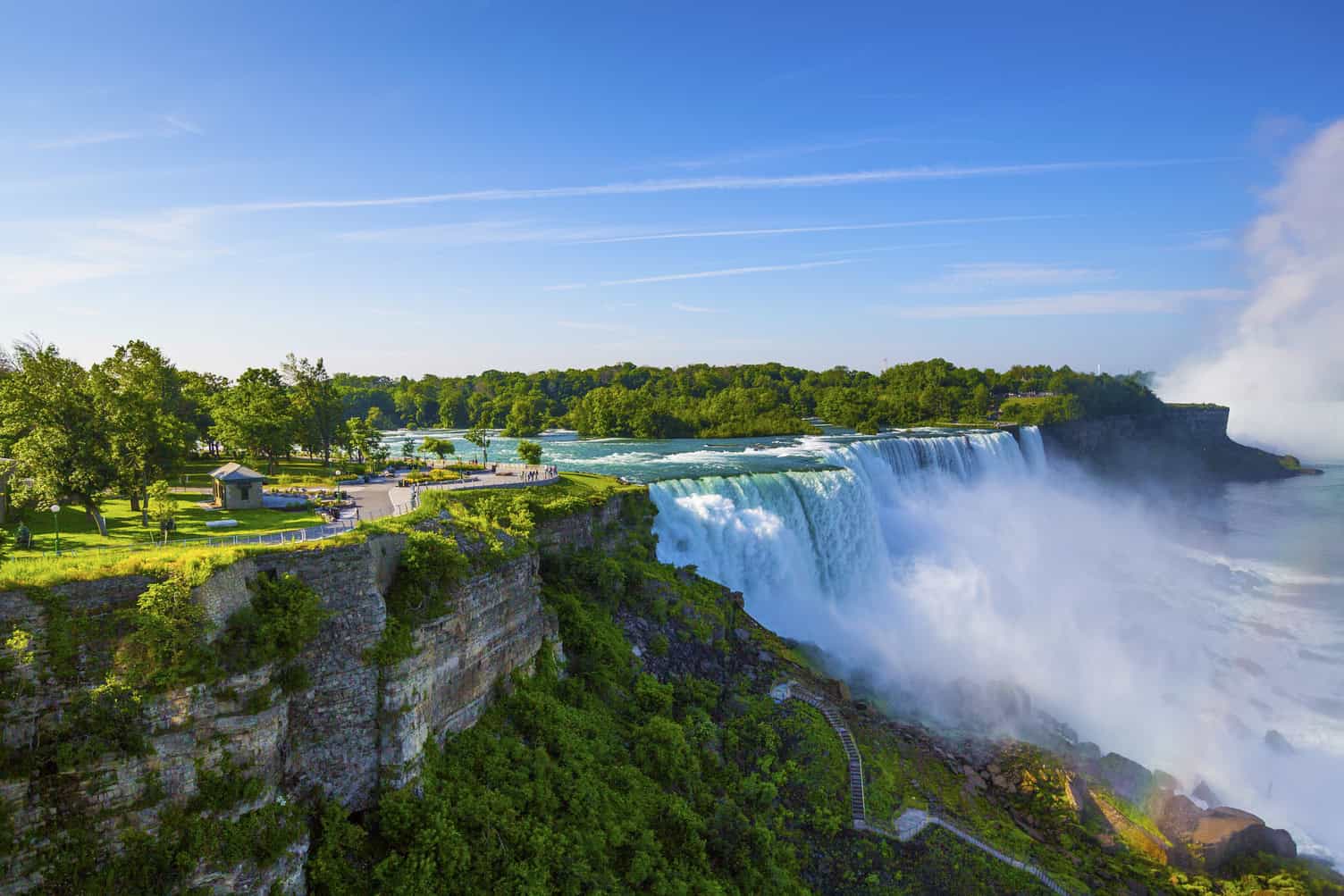 Stunning view of Niagara Falls with lush greenery and blue sky.