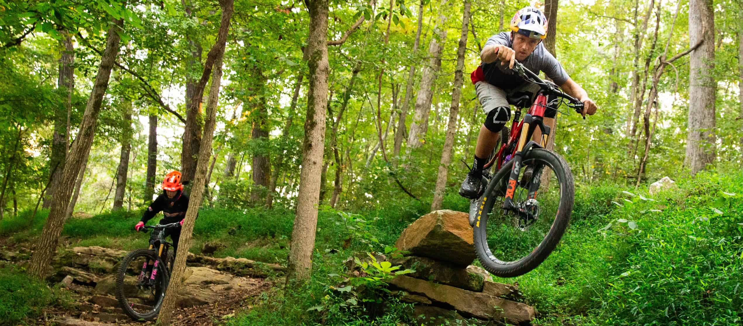 Two mountain bikers riding through a lush green forest trail.