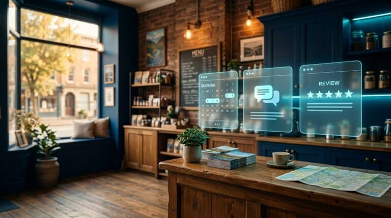 Interactive digital review and booking icons in a cozy cafe setting.