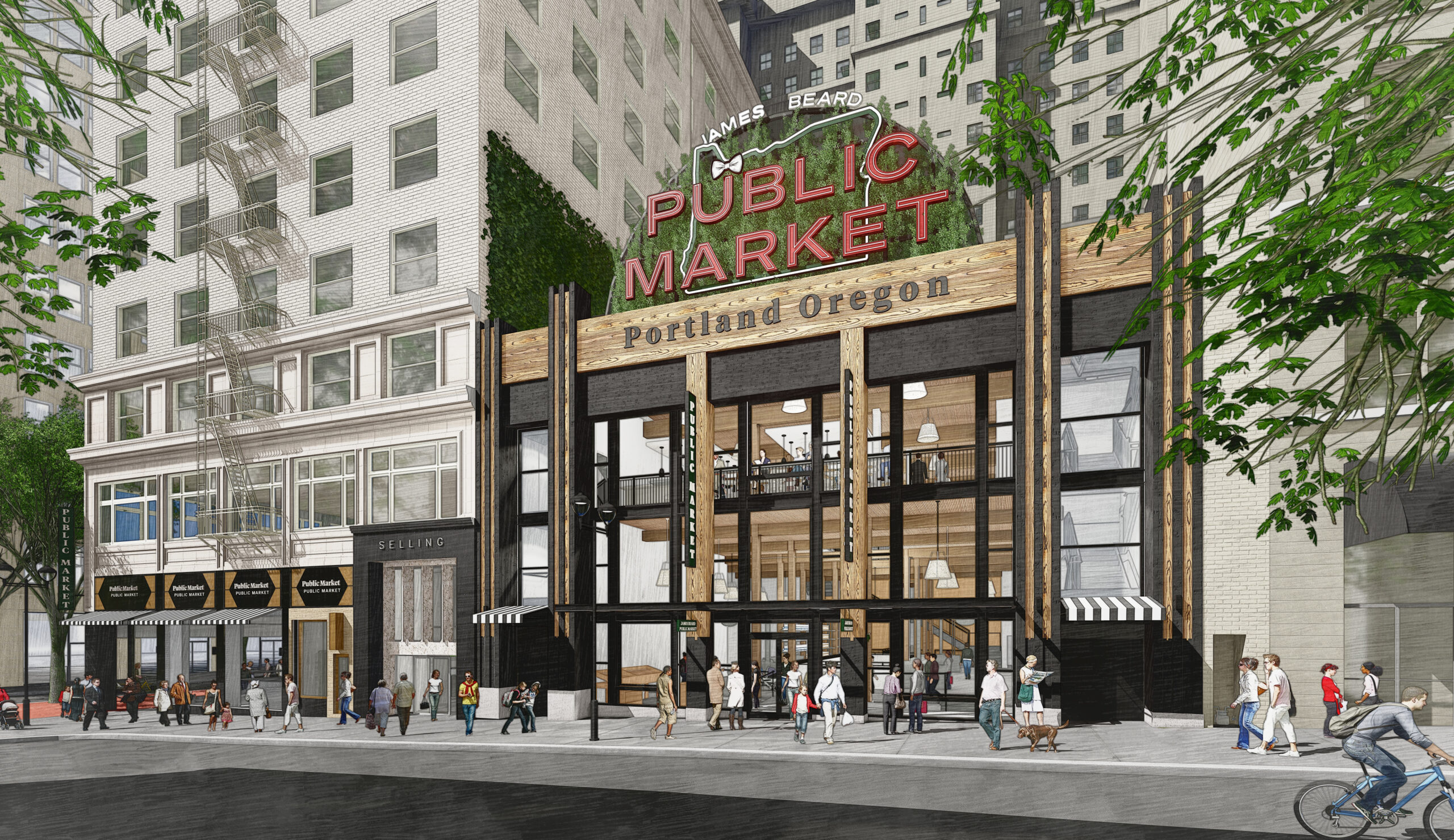 Rendering of the James Beard Public Market in Portland, Oregon, showing a modern glass facade with people walking by and a cyclist in the foreground.