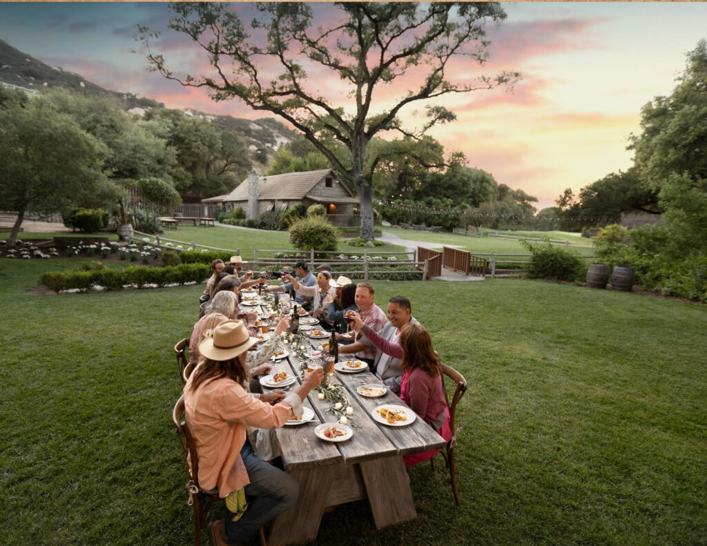 A group of people sit at a long outdoor table eating dinner on a lawn with trees and a house in the background at sunset.