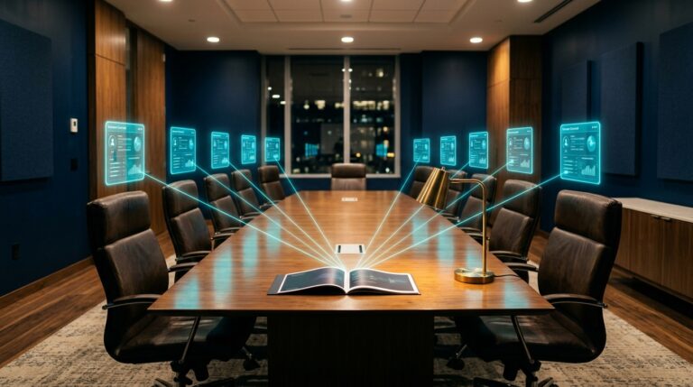 A modern conference room with an open book on the table displaying holographic digital screens projecting data and information.