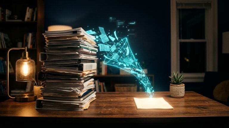 A stack of papers sits on a desk with digital data emerging from an open book, symbolizing digital transformation.